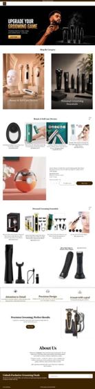 Full-page design of a grooming and self-care storefront with category tiles and product grids