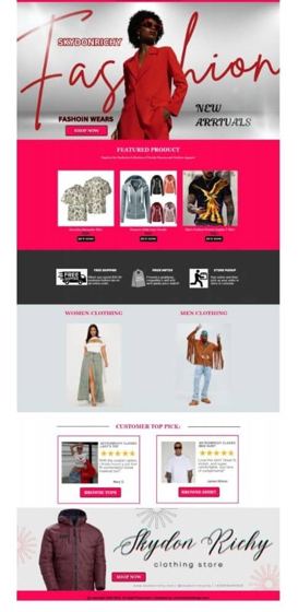 Full-page design of the SkydonRichy fashion storefront with hero, featured products and reviews